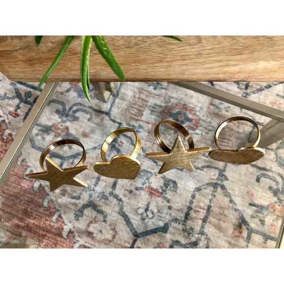 Vintage Gold Brass Hearts & Stars Napkin Rings, Solid Brass Holders, Set of 4 - Picture 7 of 8